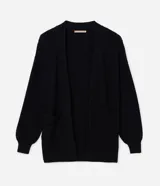 Cardigan abierto de punto, color negro, con escote en V, manga larga y bolsillos delanteros.