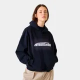 Hoodie oversize Eme Studios de color azul marino, con capucha, bolsillo frontal tipo canguro y estampado gráfico en el pecho con el nombre de la marca en color blanco.