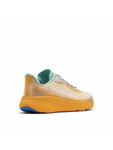 Championes de running Columbia Konos Featherweight Omni-Grip, en color naranja con detalles en azul y celeste, diseñados para trail running y actividades al aire libre con tecnología de amortiguación y suela de alta tracción.