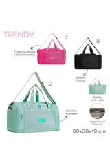 Bolso de viaje tipo duffel bag, color fucsia vibrante, con textura de malla visible. Cuenta con dos asas de mano y una correa ajustable y desmontable para llevar al hombro.