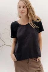 Remera de manga corta con diseño raglán, combinando un cuerpo principal de color oscuro (posiblemente negro o gris oscuro) con mangas de color negro liso. Presenta un escote redondo y detalles de costura o entredós en la unión de las mangas.