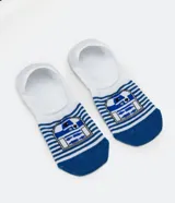 Par de medias invisibles blancas con rayas horizontales azules y estampado de R2-D2.