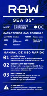 Skimboard azul marino con diseño de olas doradas y logo de la marca Right Of Way. Fabricado en madera con grip de goma EVA.