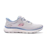 Championes deportivos Skechers Hands Free Slip-ins Flex Appeal 5.0 Easy Breezy, color gris claro con detalles en celeste y rosa. Presentan tecnología Heel Pillow, capellada de malla, cordones elásticos y plantilla Skechers Air-Cooled Memory Foam.