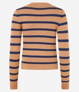 Blusa de punto de viscosa con diseño de rayas horizontales en color marrón y azul marino, cuello redondo, manga larga y puños y bajo acanalados.