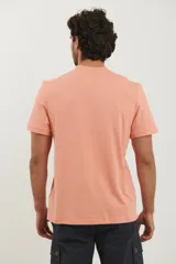 Remera tipo henley de manga corta, color beige, con cuello redondo y cartera de botones frontal.