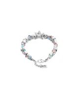 Pulsera doble de aleación de metales bañados en plata, con dije central de estrella y cristales facetados multicolor intercalados.
