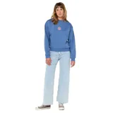 Buzo azul de corte relajado con cuello redondo y puños acanalados. Presenta un pequeño logo estampado en el pecho.