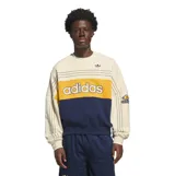 Buzo Adidas Varsity de diseño color block en tonos beige, amarillo y azul marino, con el logo clásico de la marca en el pecho y las clásicas tres tiras en las mangas.