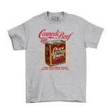 Remera gris de manga corta con estampado frontal que ilustra una lata de Corned Beef de la marca Fray Bentos.