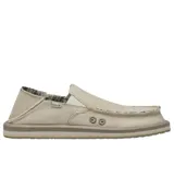 Zapatos tipo slip-on Sanuk modelo Donny Hemp, color beige, con diseño de talón plegable y bordes deshilachados. Presentan capellada de cáñamo y algodón, forro interior con estampado tipo manta y suela de goma con entresuela de EVA.