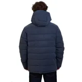 Campera parka acolchada de color gris oscuro, con cierre frontal completo, capucha ajustable y bolsillos laterales. Presenta un diseño funcional con estructura resistente y logo de la marca en el pecho.