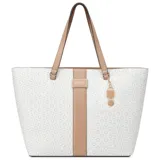 Cartera tipo shopper Guess modelo Isabella, color blanco con estampado de monograma de la marca. Presenta una franja central vertical en color tostado, asas largas a juego y un dije metálico colgante con forma de candado. Incluye placa metálica con el logo de la marca en el frente.