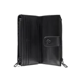 Billetera rectangular de cuero sintético con textura granulada, color negro. Cuenta con cierre superior, solapa frontal con broche a presión decorado con una flor metálica y logo de la marca grabado en el centro.