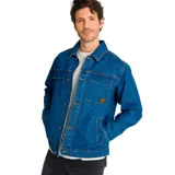 Chaqueta de denim para hombre marca Caterpillar, modelo Work Jacket Standard Stone. Presenta un diseño robusto con cuello, cierre frontal de botones, dos bolsillos grandes en el pecho con solapa y cierre a presión oculto, y bolsillos laterales inferiores. Incluye etiqueta con el logo de la marca en el bolsillo izquierdo.