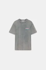 Camiseta de algodón con efecto lavado en color gris, de corte regular, cuello redondo y manga corta. Presenta un pequeño estampado frontal con el logo de Pippi Långstrump y una gran estampación gráfica en la espalda.