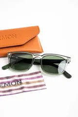 Lentes de sol polarizados con armazón transparente y patillas de madera, con cristales oscuros.