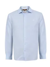 Camisa de manga larga RKF modelo Linenit de color celeste, confeccionada en lino, con cuello camisero, cierre frontal con botones y detalle de logo bordado en el pecho.
