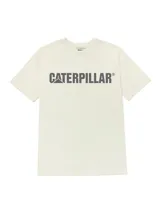 Remera de hombre Caterpillar en color gris claro, confeccionada en jersey de algodón y poliéster reciclado. Cuenta con cuello redondo, mangas cortas y estampa frontal con el logotipo de la marca en color gris oscuro.