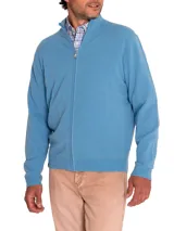 Sweater de punto con cierre frontal completo y cuello alto, confeccionado en mezcla de lana y cashmere. Presenta puños y ruedo acanalados, con un diseño de calce regular.