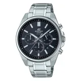 Reloj Casio Edifice con caja y brazalete de acero inoxidable plateado. Esfera negra con tres subesferas (cronógrafo) y fechador a las 4:30.