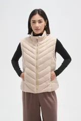 Chaleco acolchado de diseño capitoneado con cierre frontal y bolsillos laterales. Presenta un cuello alto y detalles de botones metálicos decorativos.