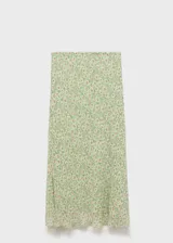 Falda midi de corte evasé con estampado floral sobre fondo verde. Presenta cintura elástica y diseño fluido en tejido de gasa con forro interior.