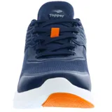 Championes deportivos Topper modelo Warp Mns, color azul marino con detalles en gris y naranja. Presentan una capellada de malla transpirable con refuerzos sintéticos, cierre con cordones y suela de goma blanca con detalles en naranja.