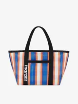 Bolso tipo tote Marant Darwen de nylon, con estampado de rayas verticales en tonos azul, naranja y blanco. Cuenta con asas superiores negras, bolsillo delantero y la inscripción de la marca en contraste.