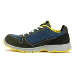 Championes de seguridad Diadora modelo Utility, en combinación de colores gris oscuro, azul y detalles en amarillo. Presentan un diseño robusto con puntera reforzada, cordones claros y suela de goma antideslizante con entresuela gris.