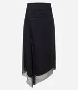 Pollera midi de tul color negro con caída fluida, transparencia sutil y abertura frontal con detalle de encaje. Presenta cintura ajustada y forro interior.