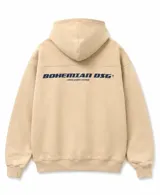 Canguro oversized beige con capucha, confeccionado en algodón, con estampa frontal con la inscripción "BOHEMIAN DSG" en azul oscuro.
