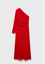 Vestido midi de fiesta color rojo, con diseño asimétrico de un solo hombro y manga larga. Presenta un tejido fluido con acabado satinado y detalle drapeado en la cintura.