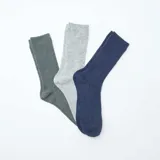 Pack de tres pares de medias de lana con diseño acanalado, en colores gris oscuro, gris claro y azul marino.