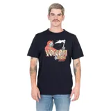 Remera negra de manga corta con estampa de la marca Volcom con un esqueleto con túnica roja y guadaña.