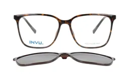 Lentes de receta con armazón de carey y clip-on solar magnético desmontable.
