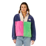Buzo de polar con cierre frontal parcial y cuello alto. Presenta un diseño de bloques de color que combina azul marino, beige, fucsia y verde. Cuenta con bolsillos laterales y etiqueta de la marca en el pecho.