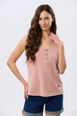 Musculosa azul marino con escote redondo y tirantes decorados con volados fruncidos.