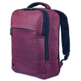 Mochila color bordó con detalles en negro, con compartimento principal con cierre, bolsillo frontal con cierre y correas acolchadas.