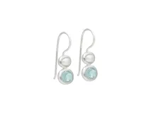 Aros colgantes de plata 925 con diseño articulado que presenta una perla esférica en la parte superior y una circonia redonda facetada de color celeste en el extremo inferior.