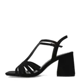 Sandalias de tacón ancho color negro, con diseño de tiras cruzadas en el empeine, tira vertical en T y cierre de hebilla ajustable en el tobillo.