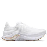 Championes Saucony Endorphin Shift 3 para mujer, color blanco con detalles en dorado y suela de goma color caramelo.