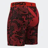 Calzoncillos tipo bóxer de PSD con estampado de dragones y conejos de Playboy en color rojo sobre fondo negro. Cintura elástica roja con logo de PSD en negro.