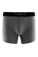 Boxer de algodón gris melange con cintura elástica negra y logotipo de la marca estampado en el frente.