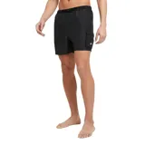 Short de baño negro con cintura elástica, cinturón con hebilla de ajuste y bolsillo lateral con cierre que se convierte en bolsa para guardado.