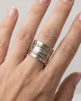 Anillo ancho de plata con detalles grabados de mariposa y dos finas líneas superpuestas en tono dorado.
