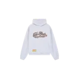 Hoodie oversize de Eme Studios color gris melange, con capucha, bolsillo tipo canguro y estampado gráfico marrón en el pecho con la inscripción "Eme Studios Always Grateful".