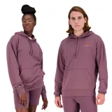 Canguro New Balance unisex color borgoña, de felpa francesa, con capucha ajustable con cordón, bolsillo tipo canguro y logo bordado en naranja en el pecho.