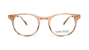 Armazón de anteojos Linea Roma con marco de acetato translúcido en tono rosado y detalles metálicos enchapados en oro 18k en las bisagras.