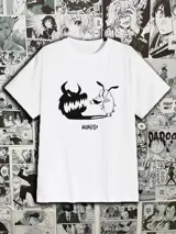 Remera blanca de manga corta con estampado de Coraje el perro cobarde enfrentando a un monstruo.